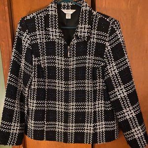 Blue, black and white plaid lined jacket